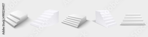White stairs, 3d staircases. Set, Isolated on transparent background.