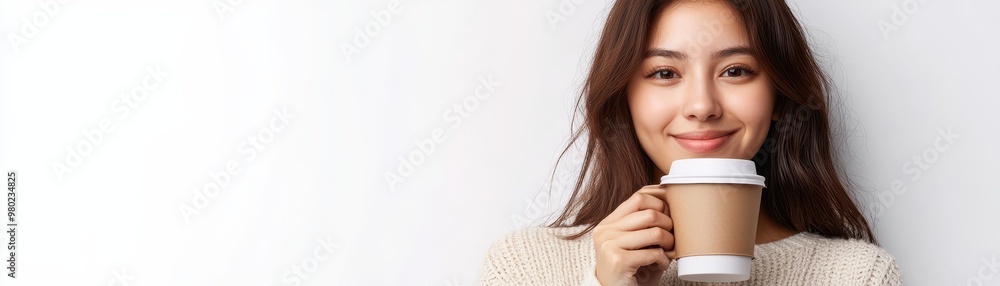 custom made wallpaper toronto digitalAsian woman holding a reusable cup, ecofriendly lifestyle concept, pure white background, sustainability theme