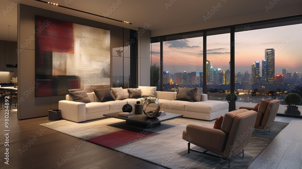 Sofa and Armchairs with Abstract Art Poster in Hollywood Glam Living Room Sofa and Armchairs with Abstract Art Poster in Hollywood Glam Living Room