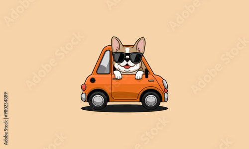 Cool dog wearing sunglasses driving an orange car photo