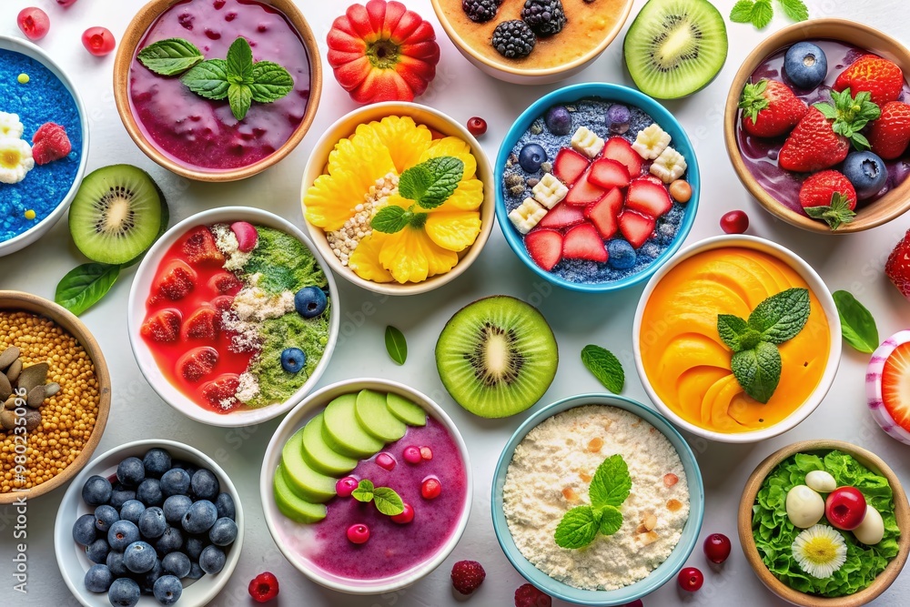 Vibrant and colorful smoothie bowls with varied toppings and garnishes, showcased from multiple angles, arranged in a collage on a clean white background. Vibrant and colorful smoothie bowls with varied toppings and garnishes, showcased from multiple angles, arranged in a collage on a clean white background.