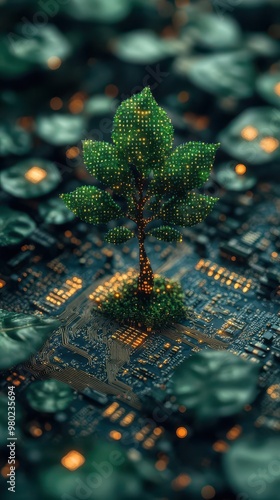 circuit board tree growing from digital landscape binary code leaves green energy concept surreal technature fusion photo