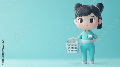 Cartoon Girl in Blue Scrubs Holding a White Basket