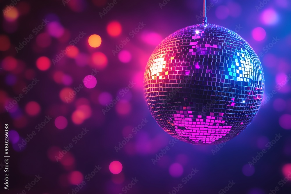 Fototapeta premium Disco ball hanging against a blurred background of pink and purple lights.