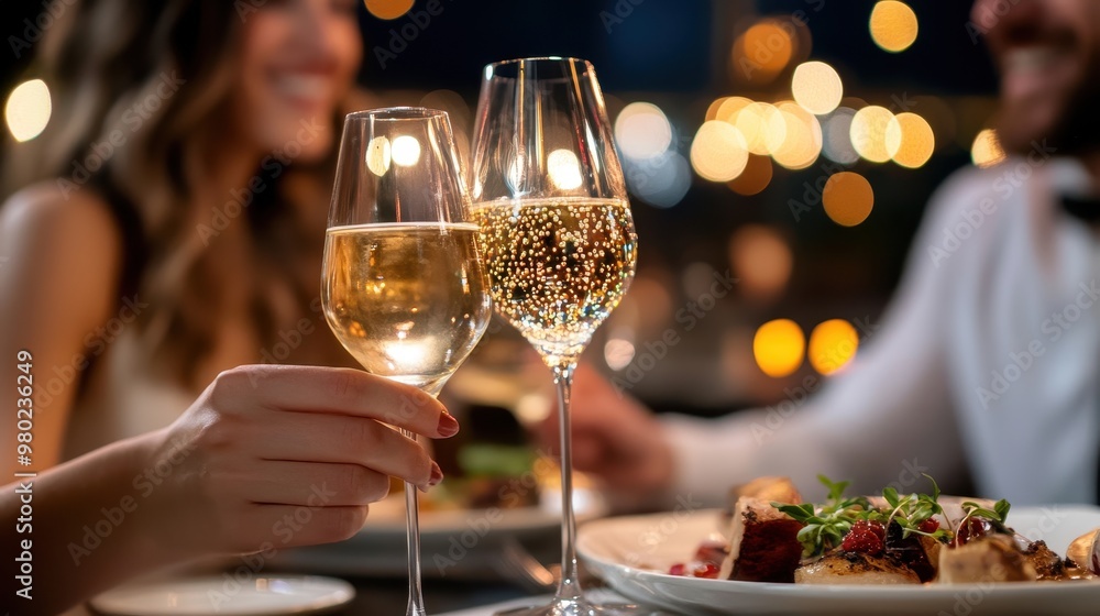 Obraz premium Elegant Candlelight Dinner with Sparkling Wine Glasses Raised in Toast