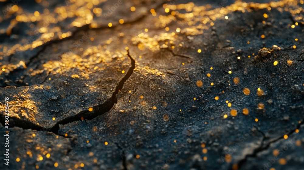 Delicate golden particles dance above the rough surface of cracked earth, illuminated by warm sunlight on a tranquil afternoon. The interaction creates a magical and serene atmosphere. Delicate golden particles dance above the rough surface of cracked earth, illuminated by warm sunlight on a tranquil afternoon. The interaction creates a magical and serene atmosphere.