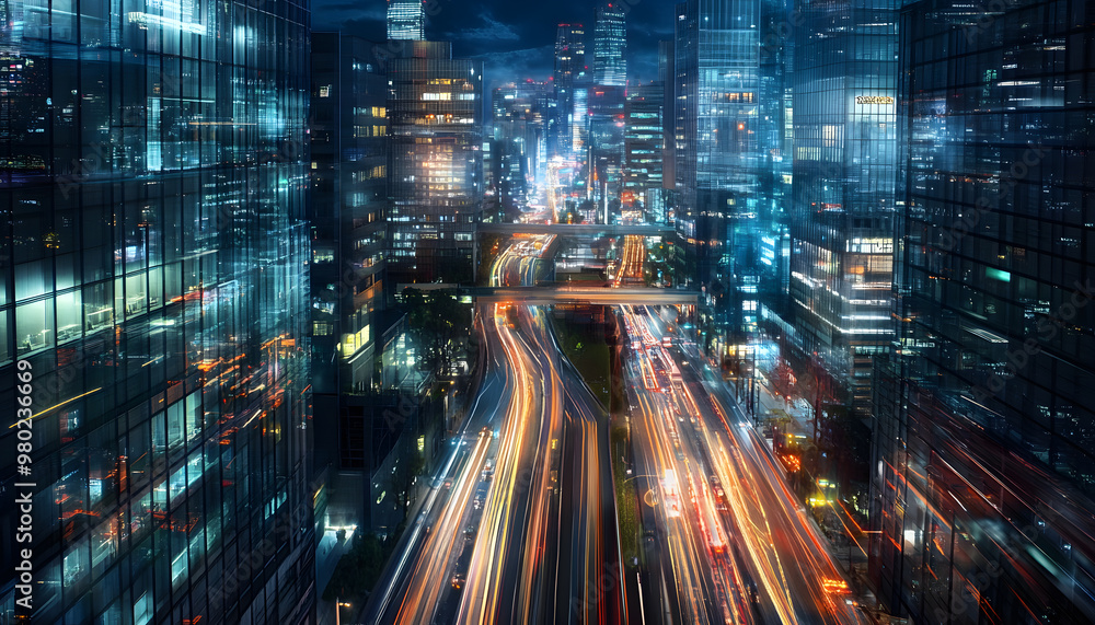 A bustling city at night, with skyscrapers illuminated and traffic creating streaks of light A bustling city at night, with skyscrapers illuminated and traffic creating streaks of light