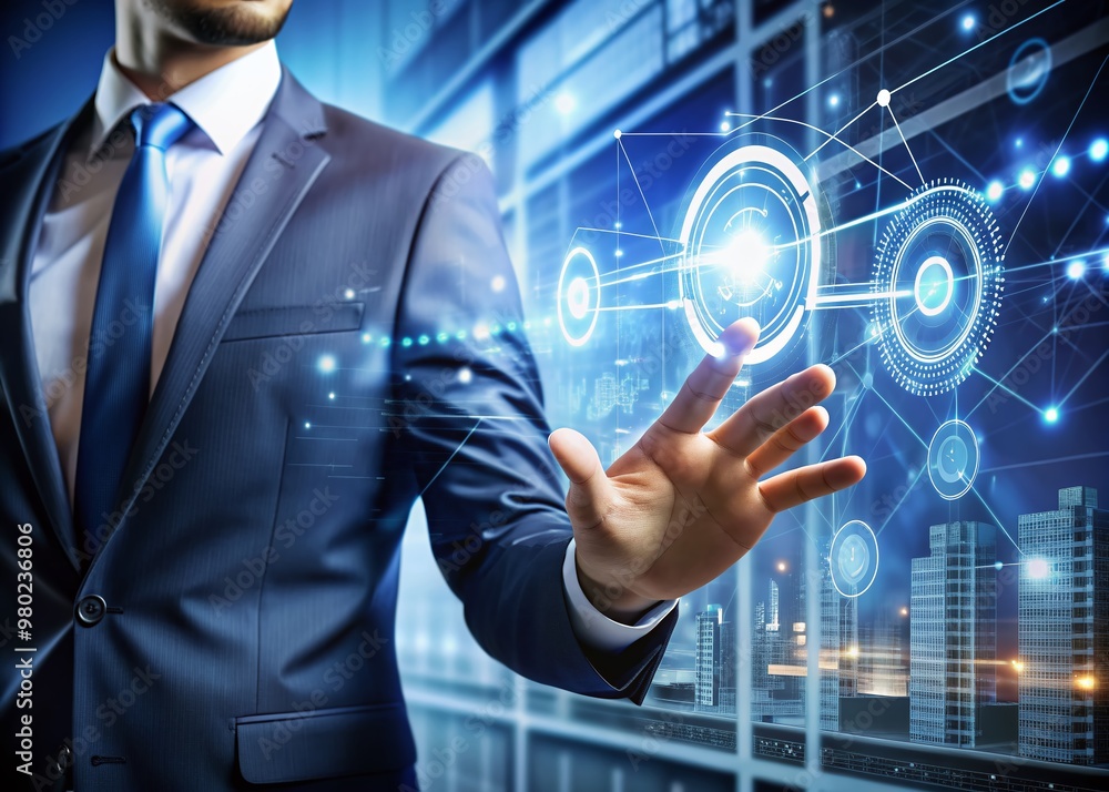 Hand interacting with futuristic virtual interface to streamline operations, illustrating the power of automation technology in optimizing corporate workflows and increasing productivity. Hand interacting with futuristic virtual interface to streamline operations, illustrating the power of automation technology in optimizing corporate workflows and increasing productivity.