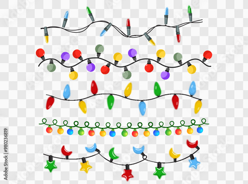 Christmas decorations, isolated on transparent background. Silver string garlands with balls realistic set. White Xmas decor.