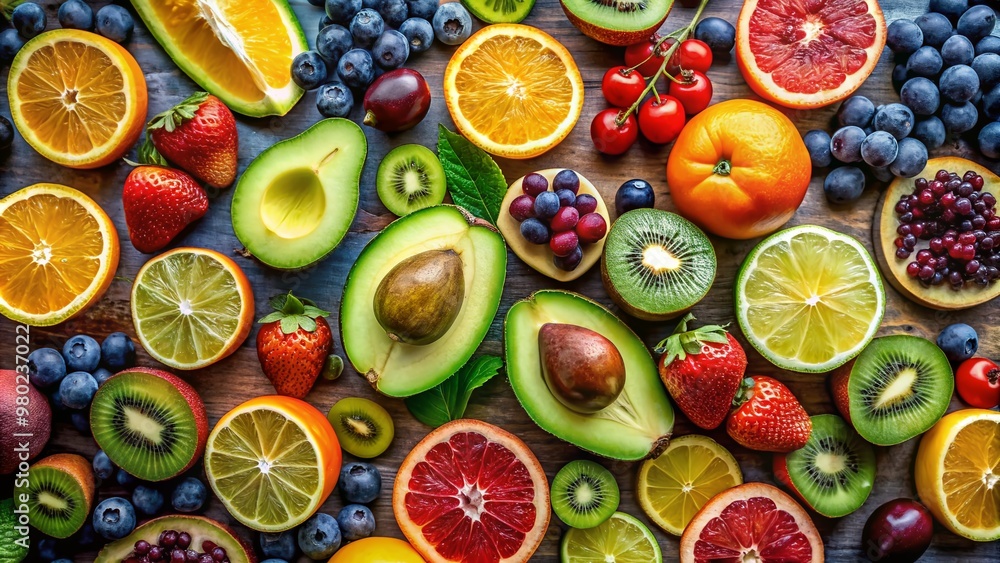 Vibrant overhead view of a colorful flat lay featuring a sliced avocado surrounded by a mix of fresh seasonal fruits, including grapes, berries, and citrus. Vibrant overhead view of a colorful flat lay featuring a sliced avocado surrounded by a mix of fresh seasonal fruits, including grapes, berries, and citrus.