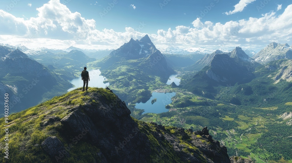 Solitary Figure Gazing at Majestic Mountain Valley Solitary Figure Gazing at Majestic Mountain Valley