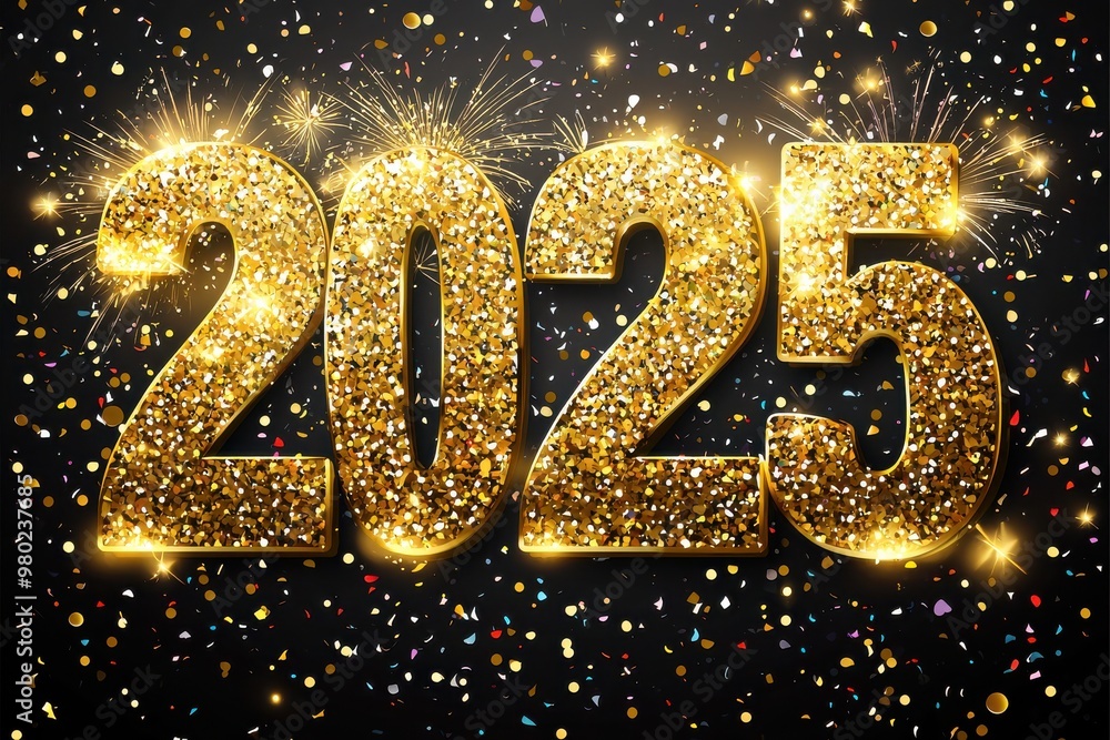 Golden 2025 New Year text with sparkling glitter and fireworks Golden 2025 New Year text with sparkling glitter and fireworks