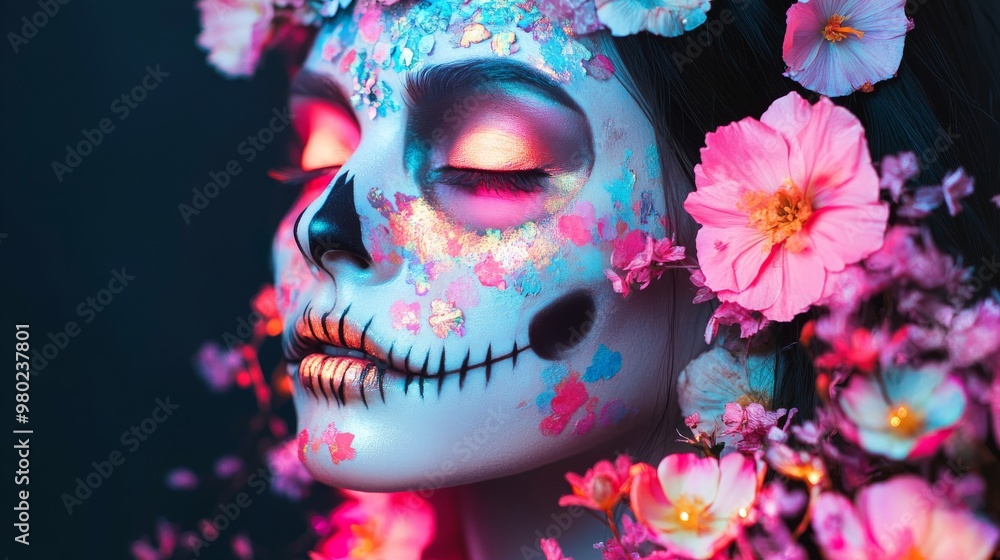 Naklejka premium Halloween makeup combining floral patterns and skulls with vibrant glowing effects, creating a living-dead garden goddess look,