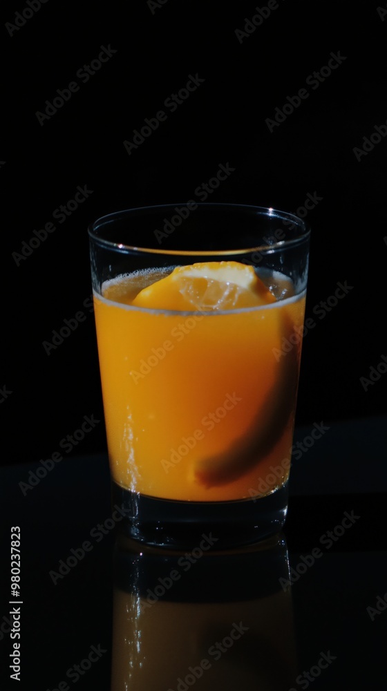 Refreshing citrus drink with orange slice - perfect for summer refreshment and beverage advertising Refreshing citrus drink with orange slice - perfect for summer refreshment and beverage advertising