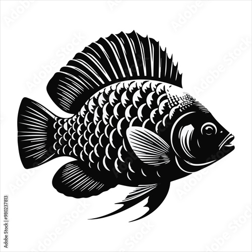  Tilapia fish silhouette vector art illustration.