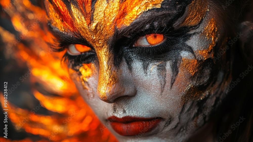 Halloween makeup transforming a face into a burning phoenix with flames of red and gold, showing both decay and rebirth, Halloween makeup transforming a face into a burning phoenix with flames of red and gold, showing both decay and rebirth,