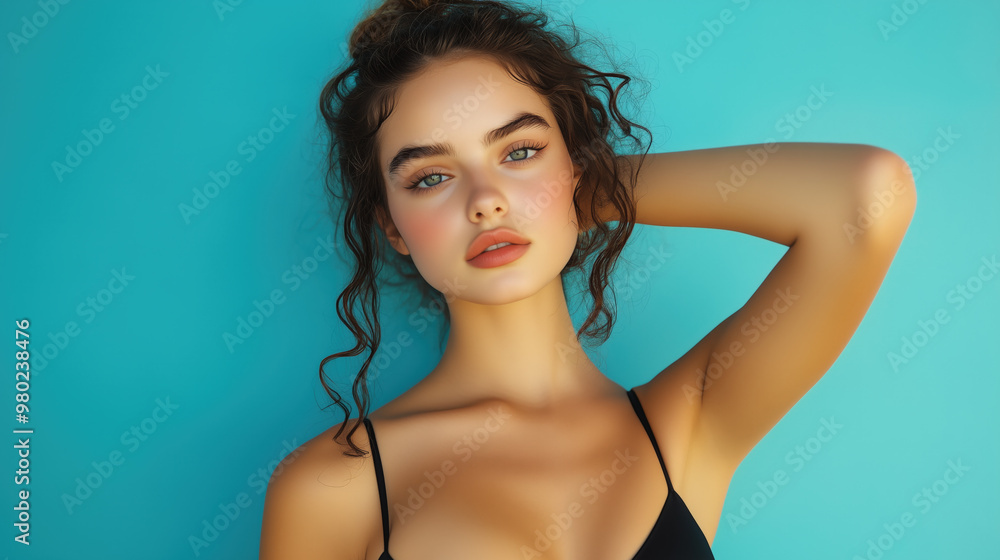Happy beautiful young girl in black swimming suit, posing at the camera, stylish studio background Happy beautiful young girl in black swimming suit, posing at the camera, stylish studio background