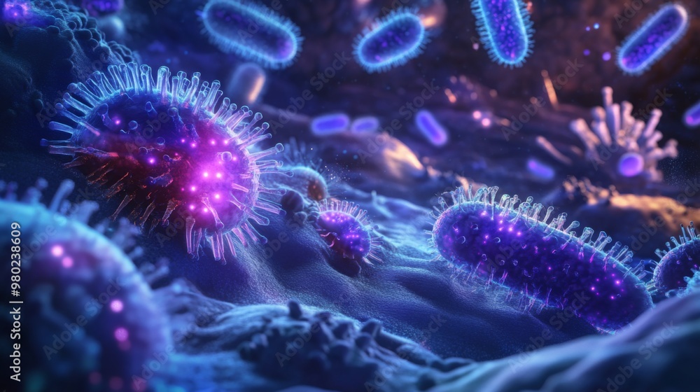 The vibrant display showcases bacteria and viruses interacting in a microscopic world teeming with life. The colorful organisms illuminate the dark surroundings, highlighting their complexity. The vibrant display showcases bacteria and viruses interacting in a microscopic world teeming with life. The colorful organisms illuminate the dark surroundings, highlighting their complexity.