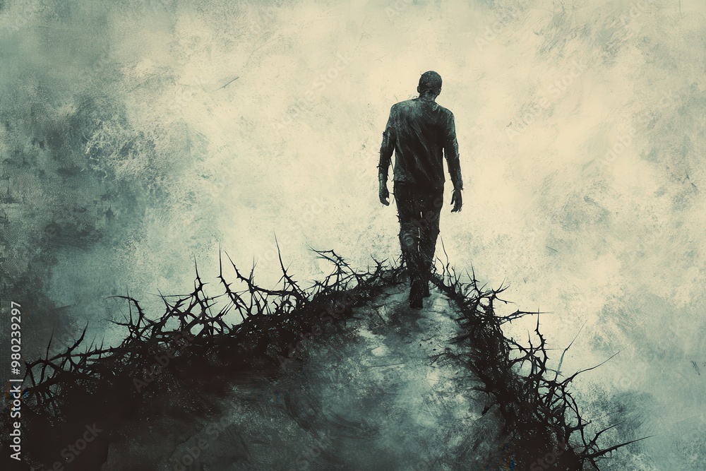 Fototapeta premium Brave Teen Walking on Thorny Path Symbolizing Mental Health Struggles