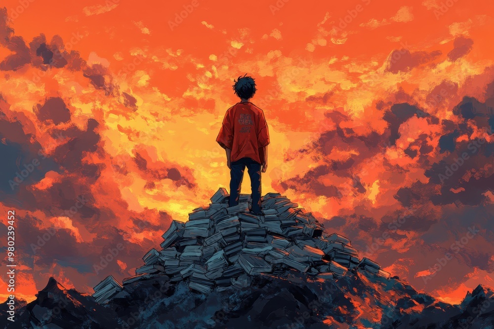 Overwhelmed Teen Facing Mountain of Tasks - Conceptual Illustration of Responsibility and Stress Overwhelmed Teen Facing Mountain of Tasks - Conceptual Illustration of Responsibility and Stress