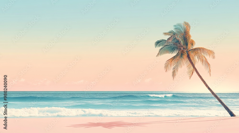 Subtle minimalist travel background with a single palm tree and ocean waves in the distance, under a bright sky. Subtle minimalist travel background with a single palm tree and ocean waves in the distance, under a bright sky.