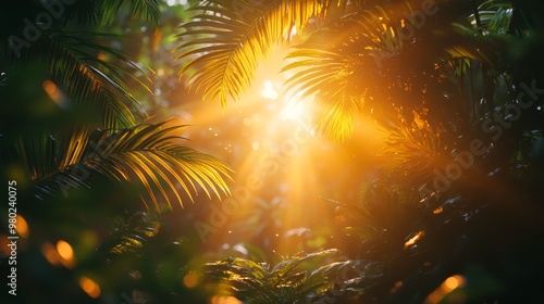 Golden sunlight breaking through a dense jungle canopy: Tropical weather, warm and vibrant nature., medium angle shot