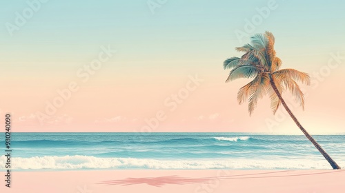 Subtle minimalist travel background with a single palm tree and ocean waves in the distance, under a bright sky.