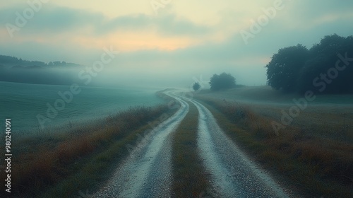 Fog lifting over a winding country road at dawn: Misty weather, quiet and awakening world., medium angle shot photo