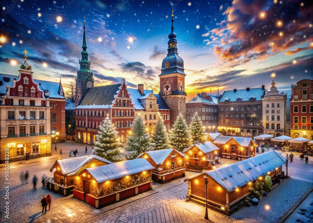 Fototapeta premium Vibrant winter scene of Riga's traditional Christmas market, adorned with festive lights, ornaments, and snowflakes, set against a stunning backdrop of historic European architecture.
