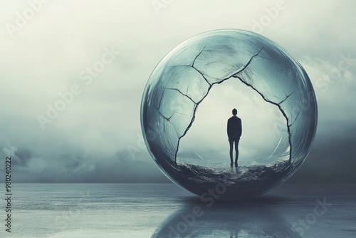 Fragile Teen Standing in Cracked Glass Bubble Signifying Isolation and Vulnerability