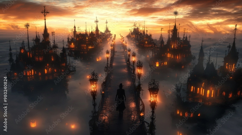 Fototapeta premium Halloween party held on a floating island in the sky, with foggy clouds below and eerie lanterns lighting the pathways in the air