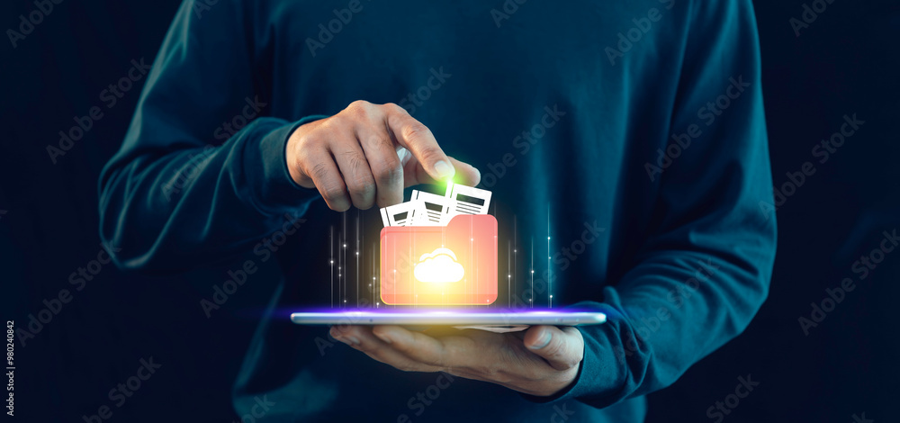 Document database online management system concept, Cloud stores, searches, shares, boosting efficiency and reducing data loss risks.software system for managing documents, information, organization.