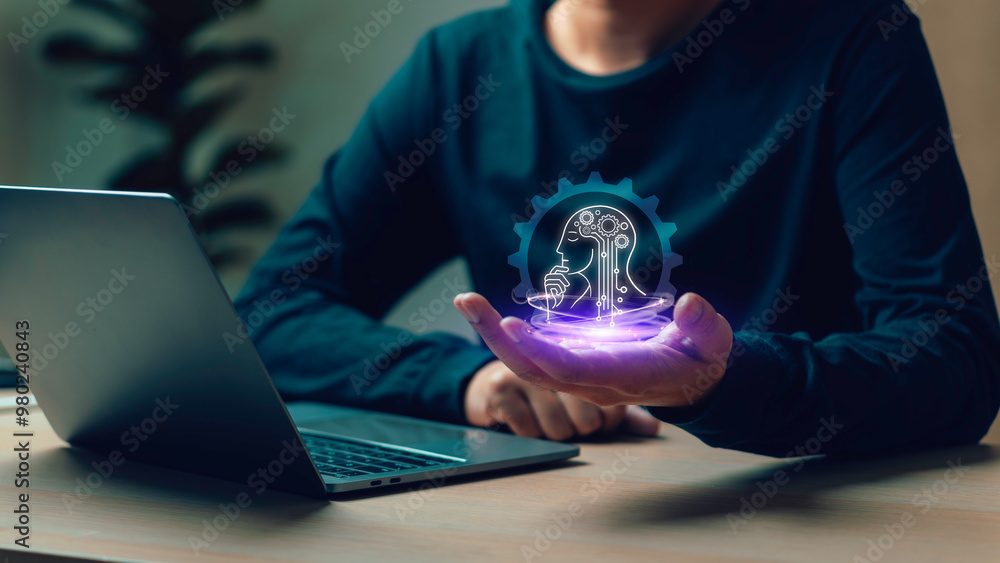 One person uses Artificial Intelligence (AI) to help solve problems and develop new things in the future. Communicate, chat, create new ideas, practice and learn technology.