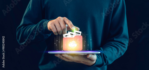 Obraz na płótnie Document database online management system concept, Cloud stores, searches, shares, boosting efficiency and reducing data loss risks.software system for managing documents, information, organization. w salonie