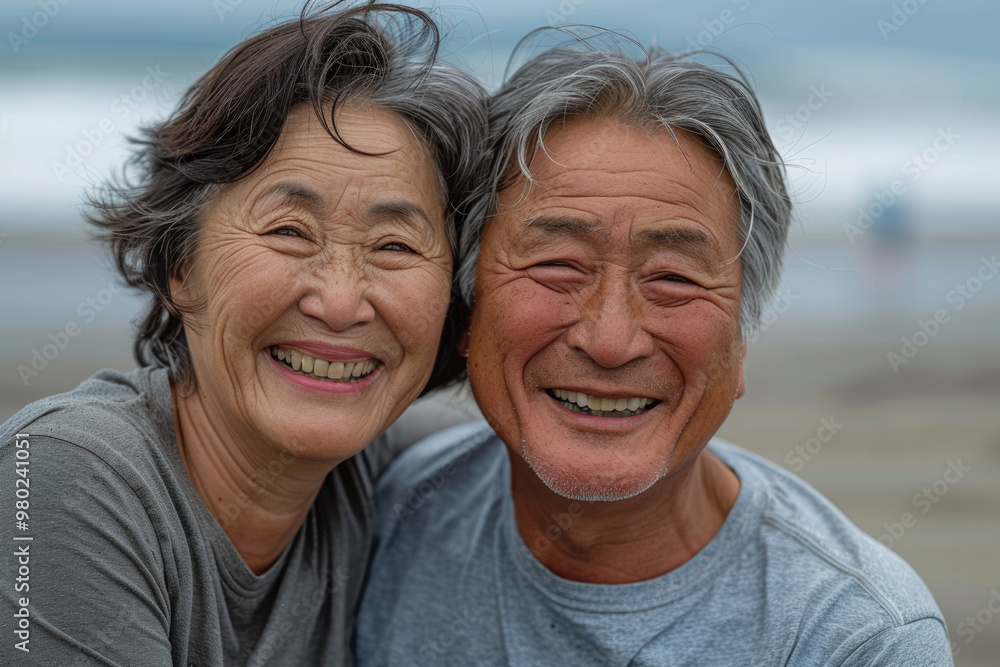 An elderly couple taking a photo by the seaside An elderly couple taking a photo by the seaside