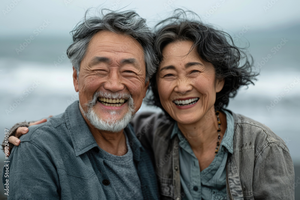 An elderly couple taking a photo by the seaside An elderly couple taking a photo by the seaside
