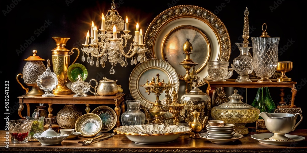 Intricate antique French kitchen decor on black background, featuring ornate crystal and porcelain objects, including vintage plates, utensils, and decorative items, in artful arrangements. Intricate antique French kitchen decor on black background, featuring ornate crystal and porcelain objects, including vintage plates, utensils, and decorative items, in artful arrangements.