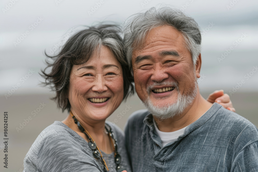 An elderly couple taking a photo by the seaside An elderly couple taking a photo by the seaside