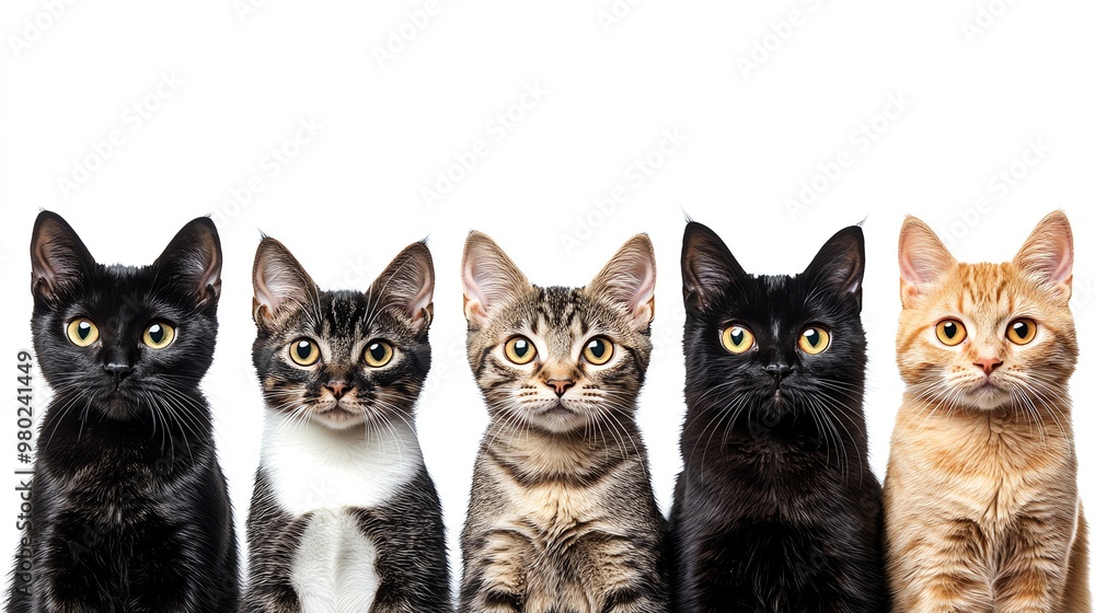 Five cute cats with different colored fur looking at the camera on a white background. Five cute cats with different colored fur looking at the camera on a white background.