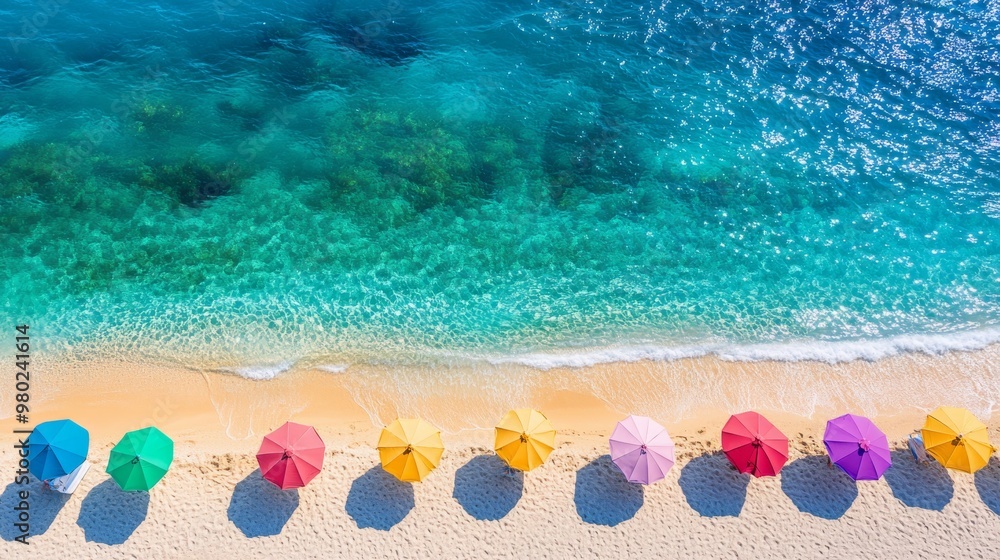 Vibrant travel beach background with colorful umbrellas dotting the sand, turquoise waters stretching into the horizon. Vibrant travel beach background with colorful umbrellas dotting the sand, turquoise waters stretching into the horizon.