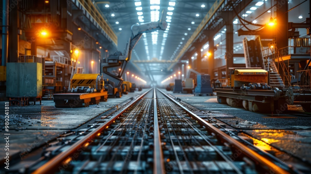 Heavy machinery at work in an industrial manufacturing plant, conveyor belts transporting products, factory lights overhead Heavy machinery at work in an industrial manufacturing plant, conveyor belts transporting products, factory lights overhead