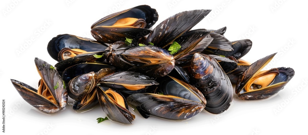 Pile Of Cooked Mussels Over White Background Pile Of Cooked Mussels Over White Background