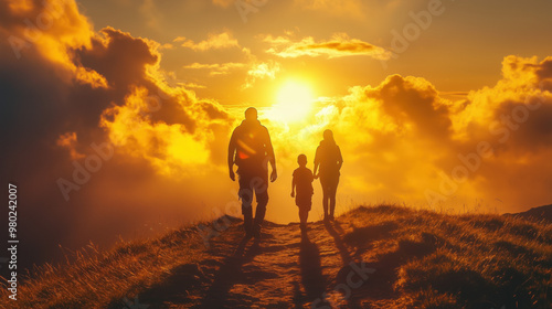 silhouette of a family in the sunset, A multi-generational family walking up a grassy hill, The concept of travel and hike