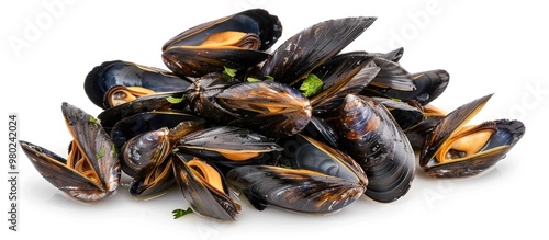 Pile Of Cooked Mussels Over White Background