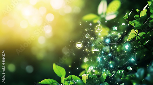Clean background image with a sustentability environment and some tecnology icons flying around