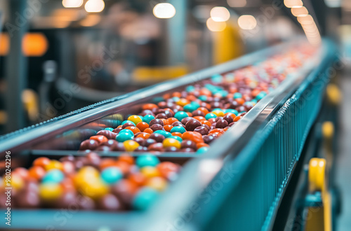 Candy Factory Insights: Close-Up of Bins on Conveyor Belt