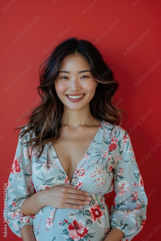 A young woman smiles at the camera with a red background A young woman smiles at the camera with a red background