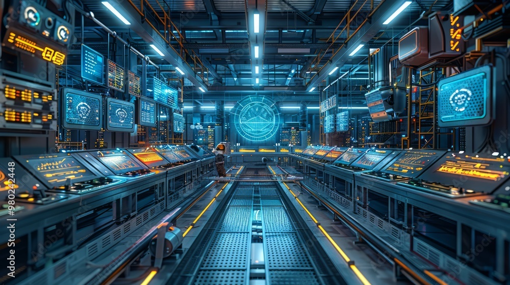 Fototapeta premium Interior of a high-tech industrial factory with computer-controlled machinery and digital displays