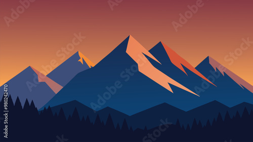 Mountain range under a bright sun, partially obscured by fluffy clouds, showcasing nature's beauty flat vector illustration