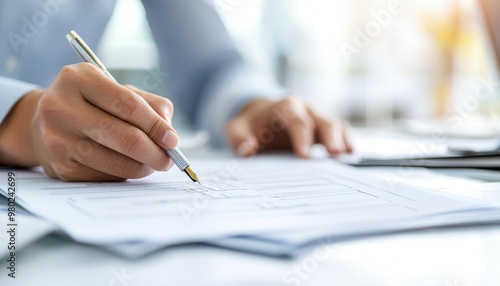 A close-up of a hand writing on a document with a pen, emphasizing creativity and attention to detail in a professional setting.